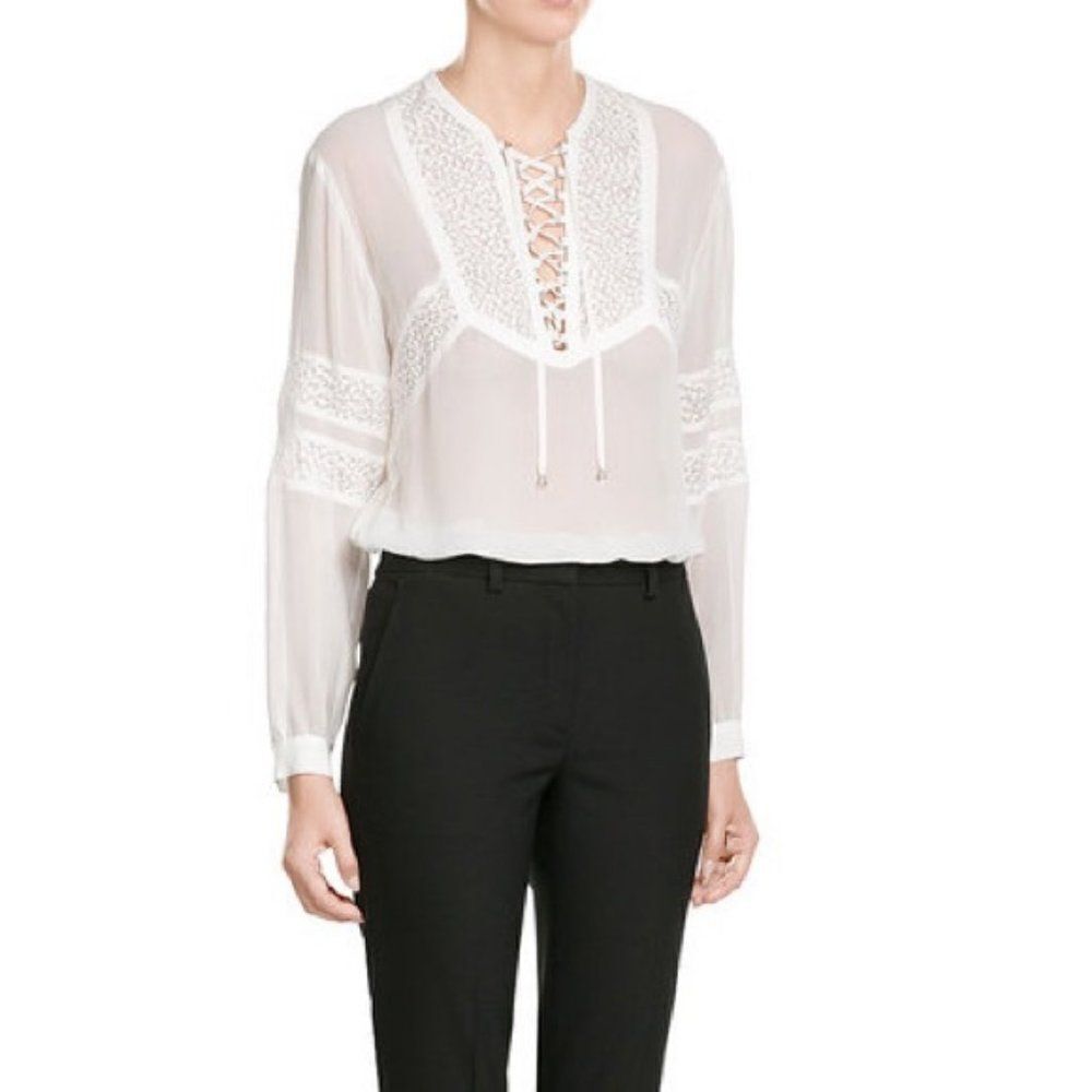 The Kooples White Lace Up Peasant Boho Top Small